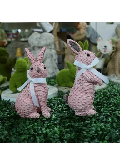 Rattan Effect Resin Rabbit with Bowknot Home Garden Children Room Ornament - Pink Standing Position