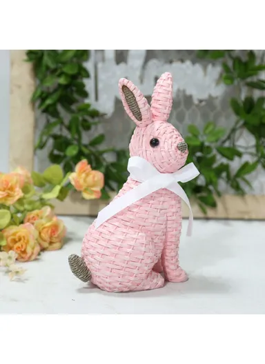 Rattan Effect Resin Rabbit with Bowknot Home Garden Children Room Ornament - Pink Sitting Position