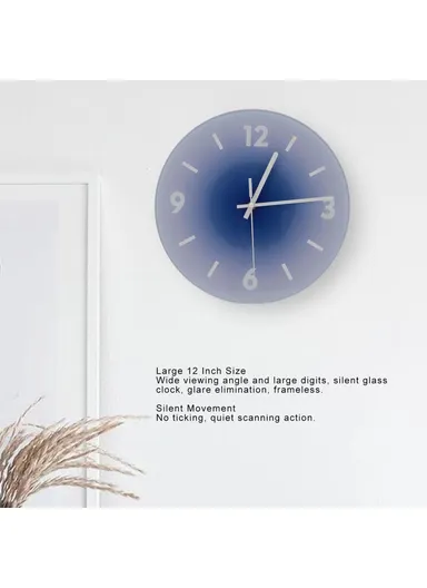 12 inch Sunset Wall Clock with Bracket Battery Operated Gradient Glass Silent Clocks for Home (No Battery) - Blue / Number