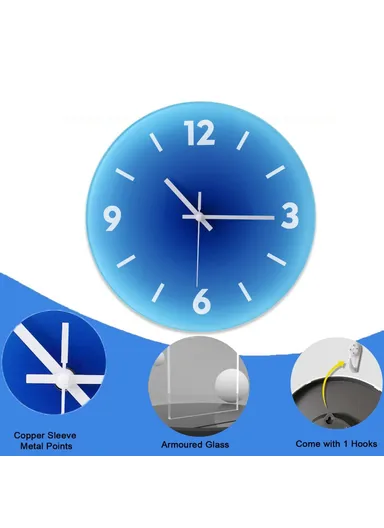 12-inch Sunset Wall Clock Battery Operated Gradient Glass Silent Clocks for Home (No Battery) - Blue  /  Number