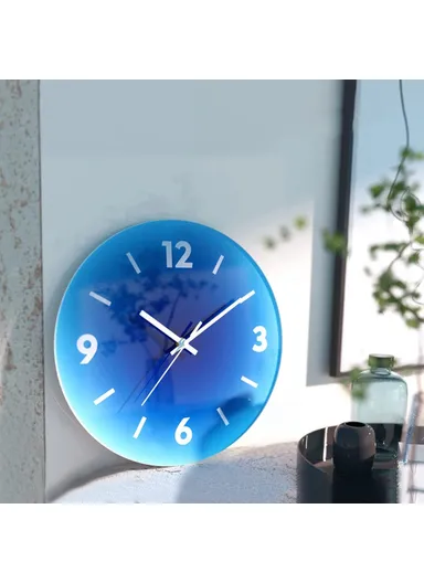 12-inch Sunset Wall Clock Battery Operated Gradient Glass Silent Clocks for Home (No Battery) - Blue  /  Number