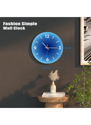 12-inch Sunset Wall Clock Battery Operated Gradient Glass Silent Clocks for Home (No Battery) - Blue  /  Number