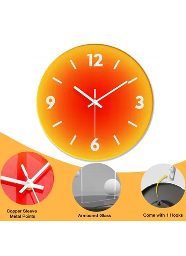 12-inch Sunset Wall Clock Battery Operated Gradient Glass Silent Clocks for Home (No Battery) - Orange  /  Number