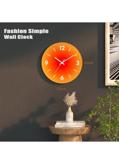 12-inch Sunset Wall Clock Battery Operated Gradient Glass Silent Clocks for Home (No Battery) - Orange  /  Number
