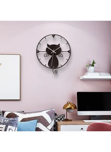 Clear Acrylic Black Cat Wall Clock Silent Non-Ticking Clock (No Battery) for Kids Bedrooms Living Room