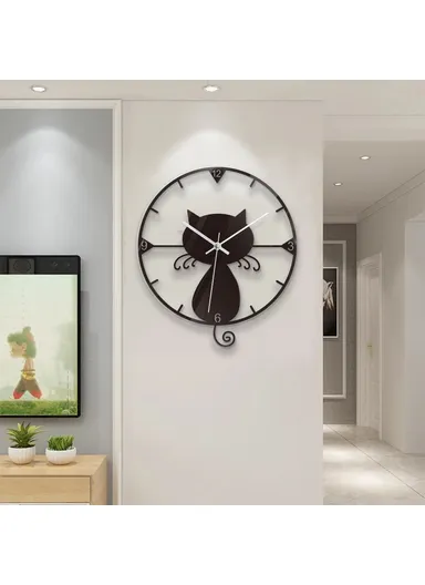 Clear Acrylic Black Cat Wall Clock Silent Non-Ticking Clock (No Battery) for Kids Bedrooms Living Room