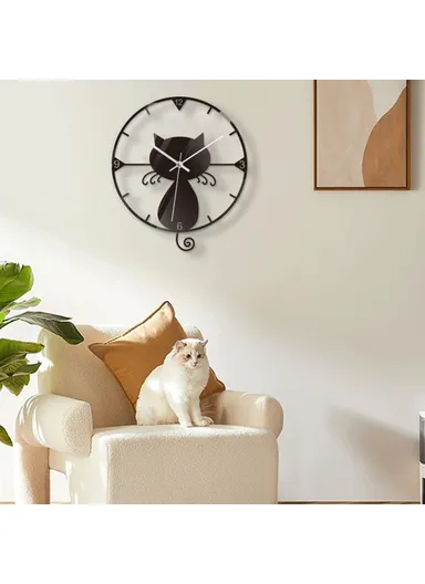Clear Acrylic Black Cat Wall Clock Silent Non-Ticking Clock (No Battery) for Kids Bedrooms Living Room