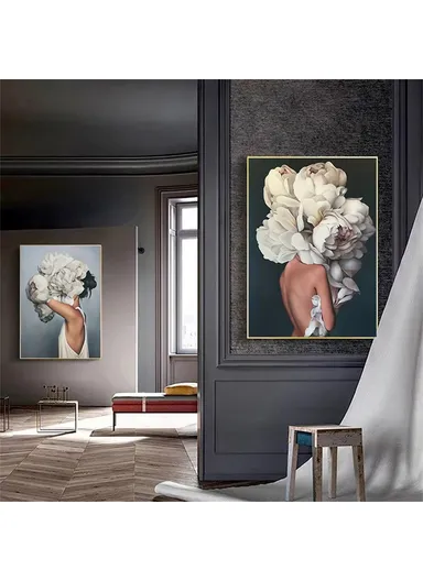 60 x 80cm Floral Feather Wall Art Canvas Print Abstract Woman Decorative Painting for Bedroom Living Room