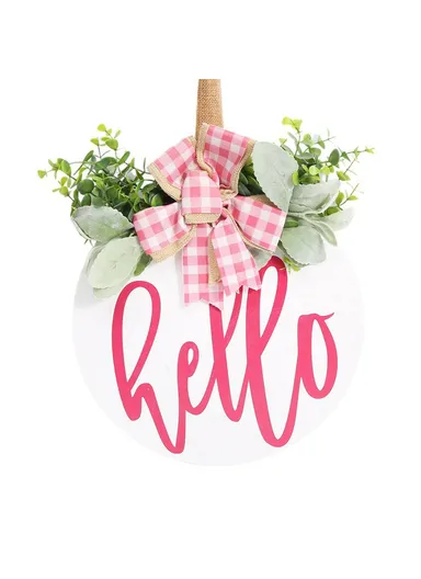 Wooden Round Welcome Sign Door Hanger with Bow Wreath Decoration for Home Entrance