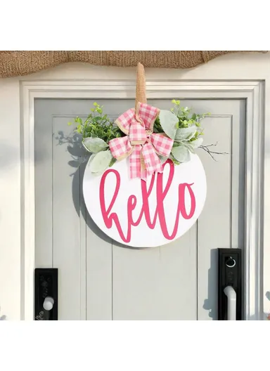 Wooden Round Welcome Sign Door Hanger with Bow Wreath Decoration for Home Entrance