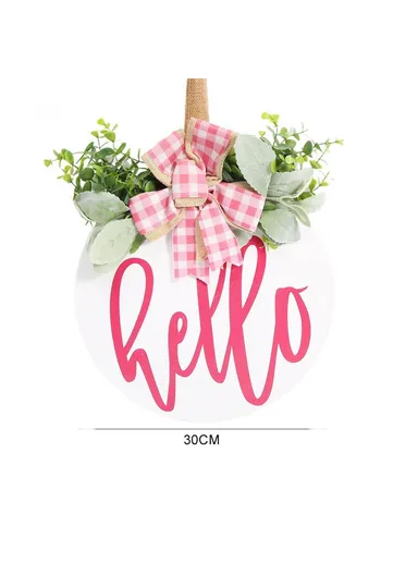 Wooden Round Welcome Sign Door Hanger with Bow Wreath Decoration for Home Entrance