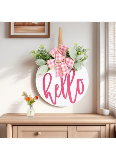 Wooden Round Welcome Sign Door Hanger with Bow Wreath Decoration for Home Entrance