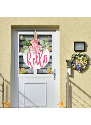 Wooden Round Welcome Sign Door Hanger with Bow Wreath Decoration for Home Entrance