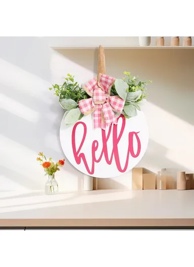 Wooden Round Welcome Sign Door Hanger with Bow Wreath Decoration for Home Entrance