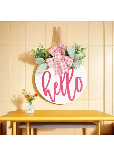 Wooden Round Welcome Sign Door Hanger with Bow Wreath Decoration for Home Entrance
