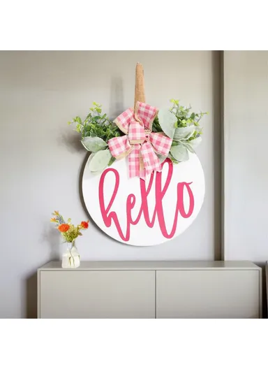 Wooden Round Welcome Sign Door Hanger with Bow Wreath Decoration for Home Entrance