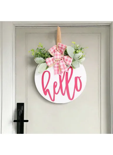 Wooden Round Welcome Sign Door Hanger with Bow Wreath Decoration for Home Entrance