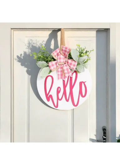 Wooden Round Welcome Sign Door Hanger with Bow Wreath Decoration for Home Entrance