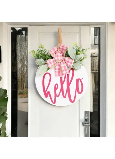 Wooden Round Welcome Sign Door Hanger with Bow Wreath Decoration for Home Entrance