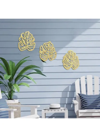 3Pcs Wooden Palm Leaf Sculpture Tropical Plant Touch of Nature Plaque Wall Decor for Living Room - Style 7