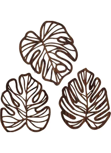 3Pcs Wooden Palm Leaf Sculpture Tropical Plant Touch of Nature Plaque Wall Decor for Living Room - Style 2