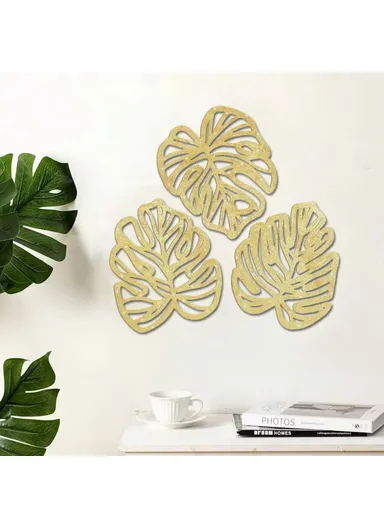 3Pcs Wooden Palm Leaf Sculpture Tropical Plant Touch of Nature Plaque Wall Decor for Living Room - Style 2