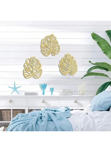 3Pcs Wooden Palm Leaf Sculpture Tropical Plant Touch of Nature Plaque Wall Decor for Living Room - Style 2