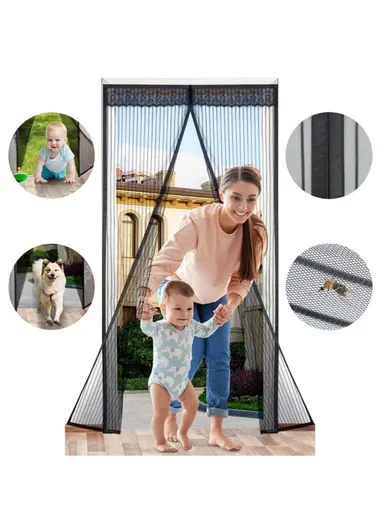 110x210cm Magnetic Screen Door Curtain Fiberglass Mesh Screen Door with Magnets Fly Mosquitos Bug Insect Screen - Black