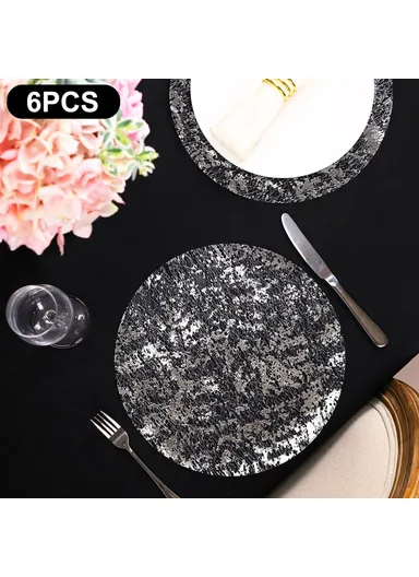 6Pcs Hot Stamping Mesh Placemats Round Table Mats Wedding Holiday Banquet Decoration - Silver