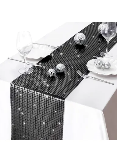30x275cm Disco Mirror Sequin Plaid Table Runner European Wedding Party New Year Decor Tablet Flag - Black