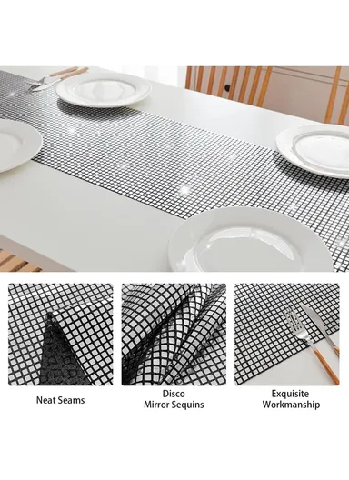 30x275cm Disco Mirror Sequin Plaid Table Runner European Wedding Party New Year Decor Tablet Flag - Black+Silver
