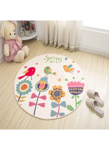 Cartoon Round Carpet Absorbent Floor Mat Diameter 100cm Non-Slip Polyester Rug - Spring Bird