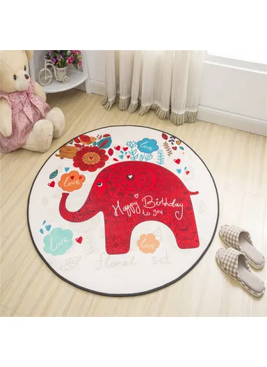Cartoon Round Carpet Absorbent Floor Mat Diameter 100cm Non-Slip Polyester Rug - Red Elephant