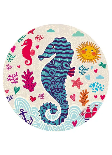 Cartoon Round Carpet Absorbent Floor Mat Diameter 100cm Non-Slip Polyester Rug - Seahorses