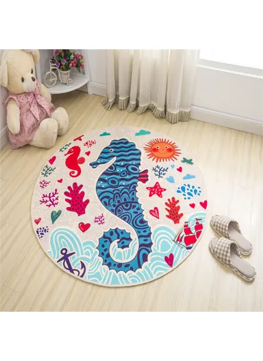 Cartoon Round Carpet Absorbent Floor Mat Diameter 100cm Non-Slip Polyester Rug - Seahorses