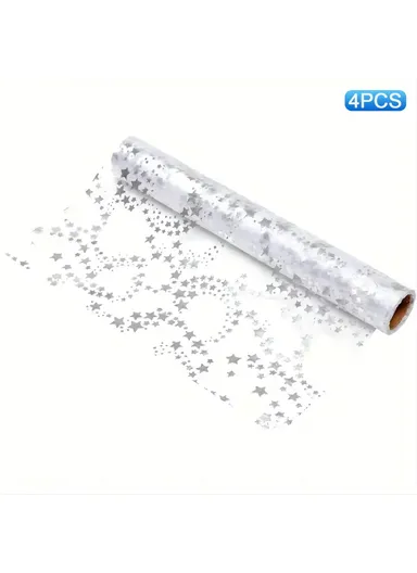 4Pcs Hot Stamping Foil Table Runner Holiday Party Wedding Decor Polyester Mesh Table Flag (L28 x W45)cm - Silver Star
