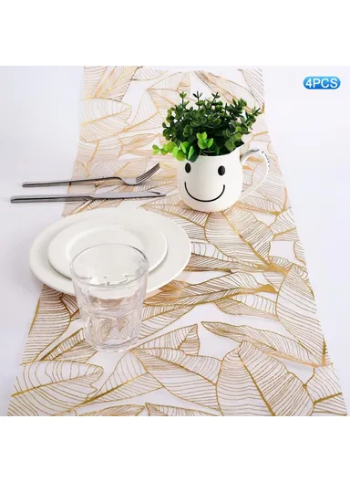 4Pcs Hot Stamping Foil Table Runner Holiday Party Wedding Decor Polyester Mesh Table Flag (L28 x W45)cm - Leaf