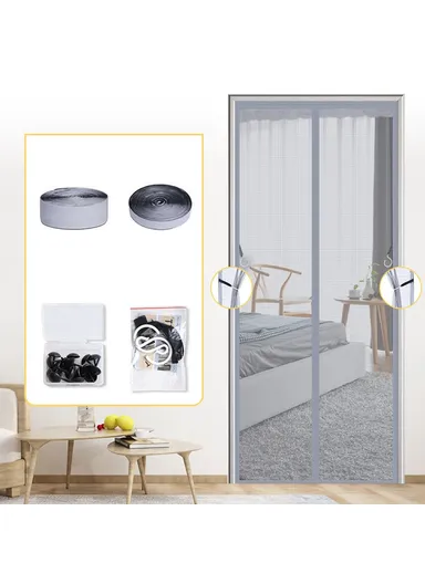 Fiberglass Magnetic Screen Door, Self-Adhesive Insect Mesh Curtain No Drilling Required (W90 x H210)cm - Grey