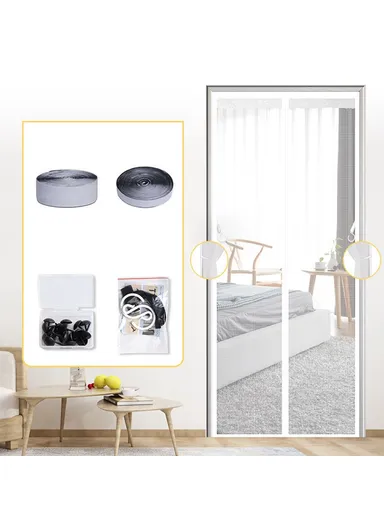 Fiberglass Magnetic Screen Door, Self-Adhesive Insect Mesh Curtain No Drilling Required (W90 x H210)cm - White