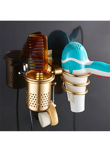 Space Aluminum Spiral Hair Dryer Holder Wall Mounted Bathroom Organizer with Storage Cup - Gold