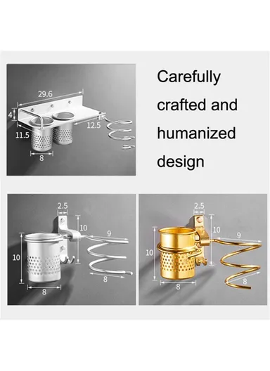 Space Aluminum Spiral Hair Dryer Holder Wall Mounted Bathroom Organizer with Storage Cup - Gold