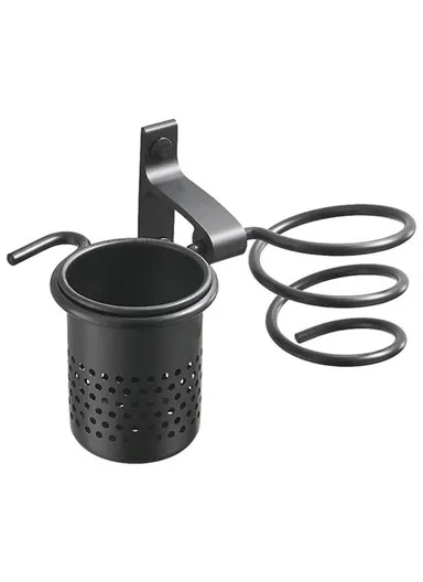 Space Aluminum Spiral Hair Dryer Holder Wall Mounted Bathroom Organizer with Storage Cup - Black