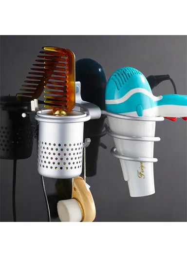 Space Aluminum Spiral Hair Dryer Holder Wall Mounted Bathroom Organizer with Storage Cup - Black