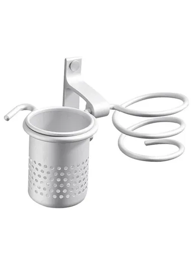 Space Aluminum Spiral Hair Dryer Holder Wall Mounted Bathroom Organizer with Storage Cup - Matte White