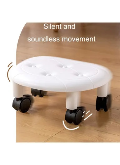 360° Mobility Plastic Low Stool Simple Home Bedroom Universal Wheels Small Stool (L33.5xW26xh15)cm - White