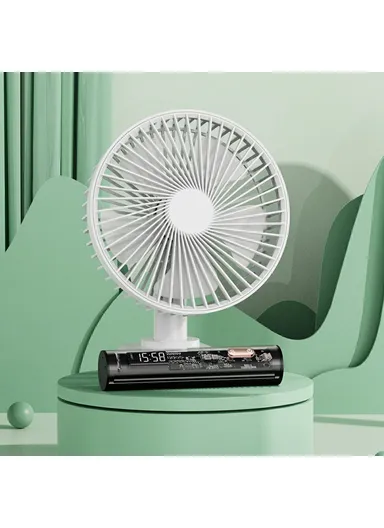 Desktop Clock Fan, USB Oscillating Mini Portable Fan with 4 Speeds, 3600mAh Battery, DF11-A - White