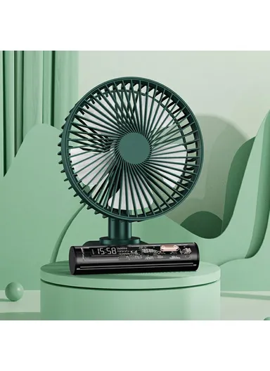 Desktop Clock Fan, USB Oscillating Mini Portable Fan with 4 Speeds, 3600mAh Battery, DF11-A - Green