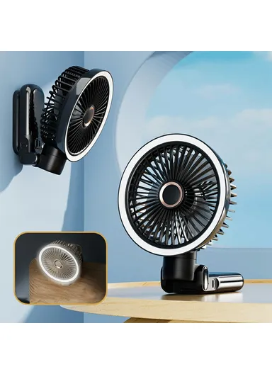 Multifunctional Oscillating Fan with Light Rechargeable 3600mAh Desk Wall Mounted Fan GF12 - Black