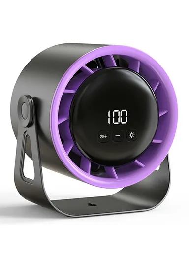 100-Speed Adjustable Desk Fan with Digital Display &amp; Ambient Light, Wall-Mountable, CE Certified – Black &amp; Purple
