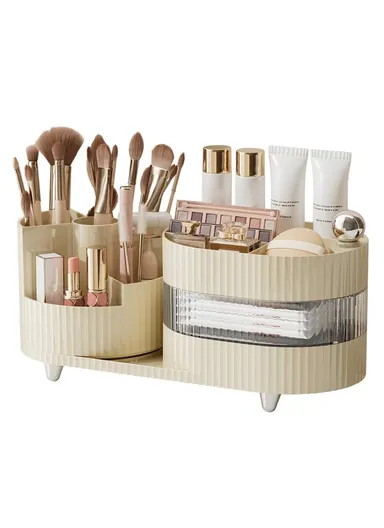 360 Degree Rotating Makeup Organizer Box Swivel Cosmetic Storage Rack (L35 x W14.7 x H17.5)cm - Cream White Color